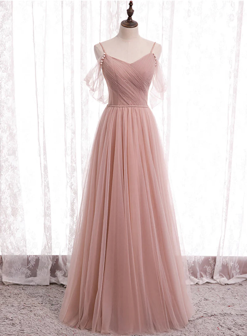 Pink Tulle Long Prom Dresses, A-Line Evening Party Dresses